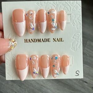 Handmade Nude Pink French Tip Press-On Nails with Glitter Gems
